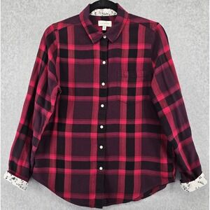 Lucky Brand Button Up Shirt Women M Plaid Black Pink Lumberjack Cabin Flip Cuff